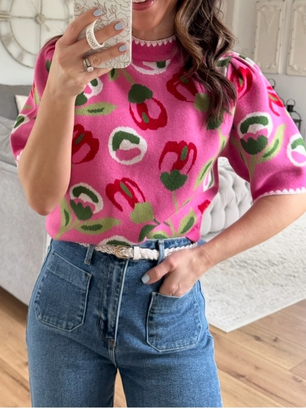 Floral Puff-Sleeve Knit Top - Pink THML🚌